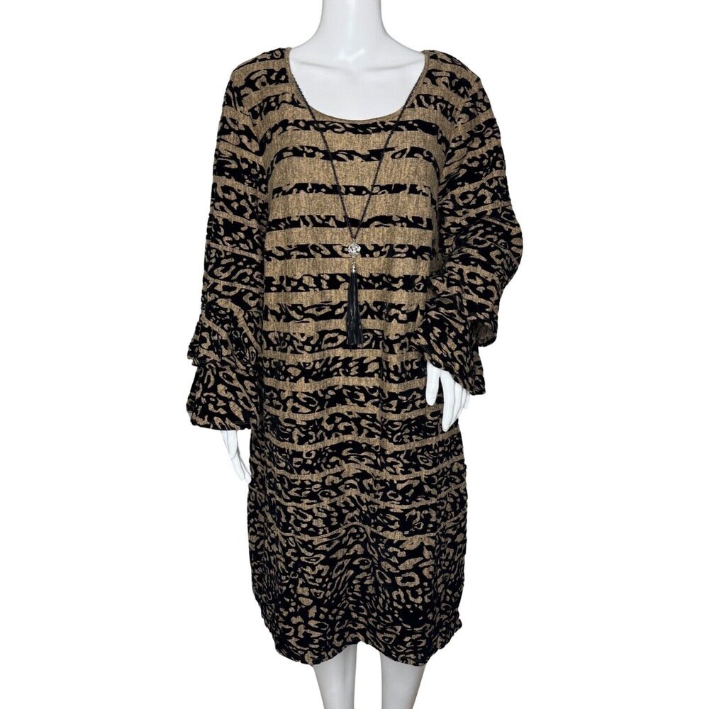 Tacera Dress Women 2X Brown Black Stripe Cheetah Print Removable Necklace Career